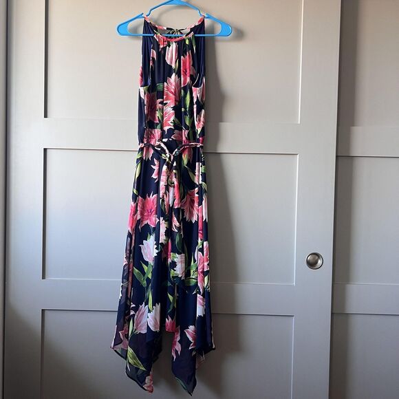 Eliza J Dress Womens 10 Navy Pink Floral Halter Handkerchief Hem Belted EJD-4973 - Picture 1 of 16